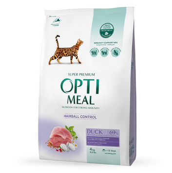 OPTIMEAL&trade;. Повнораціонний сухий корм для дорослих котів з ефектом виведення шерсті - качка А06946 фото